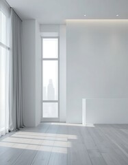 Minimalist and bright apartment interior with large windows and curtains