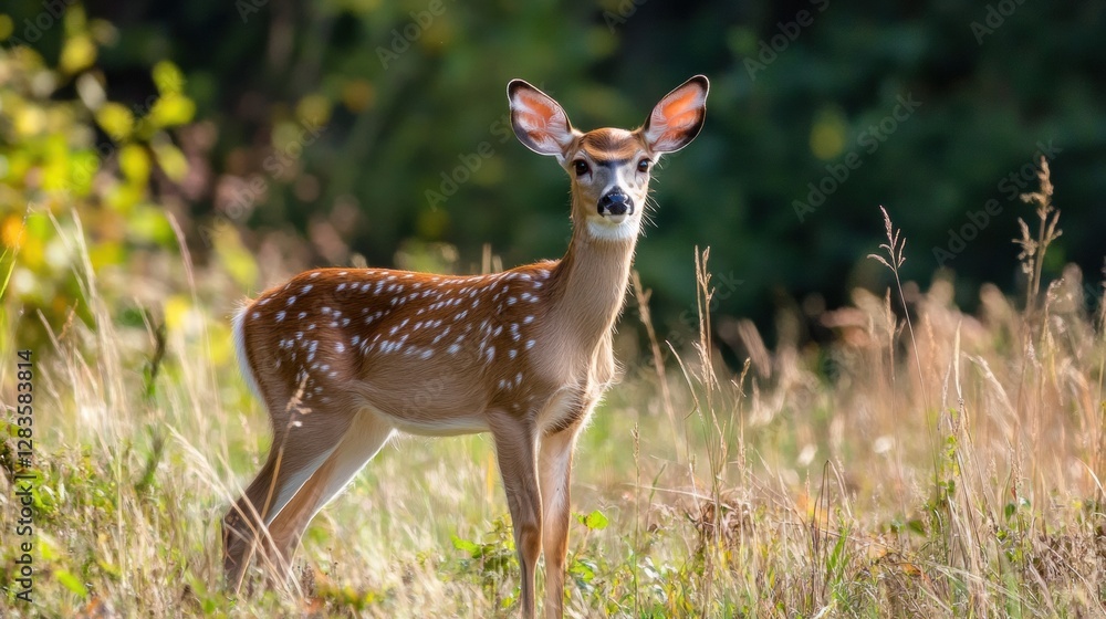 Poster fawn standing alert in a green field surrounded by tall grass on a sunny afternoon. generative ai