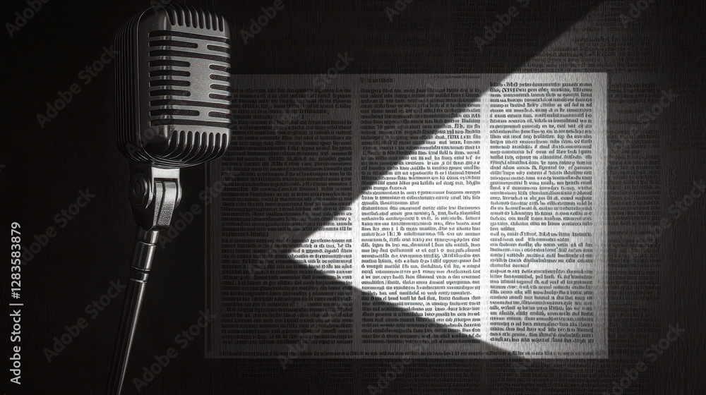 Poster modern microphone creates artistic shadow resembling an open book telling a story through sound