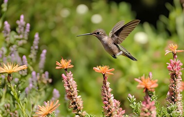 A colorful hummingbird sipping nectar from vibrant flowers in the garden, showcasing its fast, graceful flight and delicate wings 