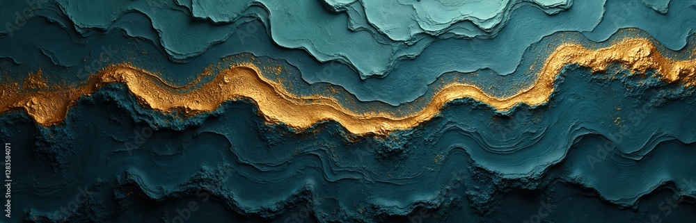 Fototapete abstract art background with textured wavy pattern. golden line flows through blue and teal layers. 