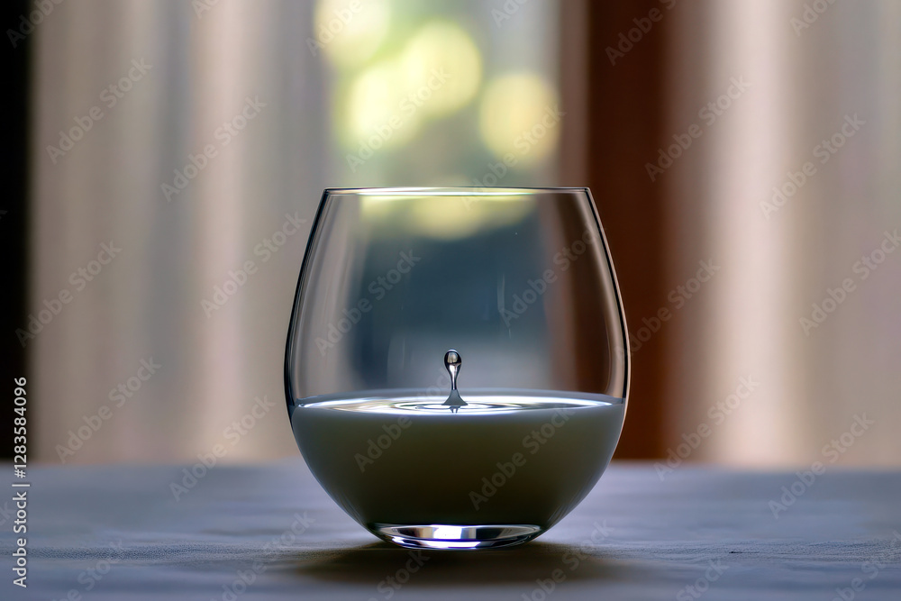 Poster fresh milk in a clear glass with a droplet ready to create ripples of purity and calmness