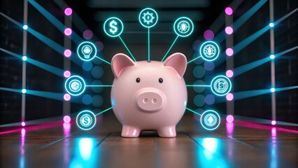 3D piggy bank with holographic savings icons representing finance and investment