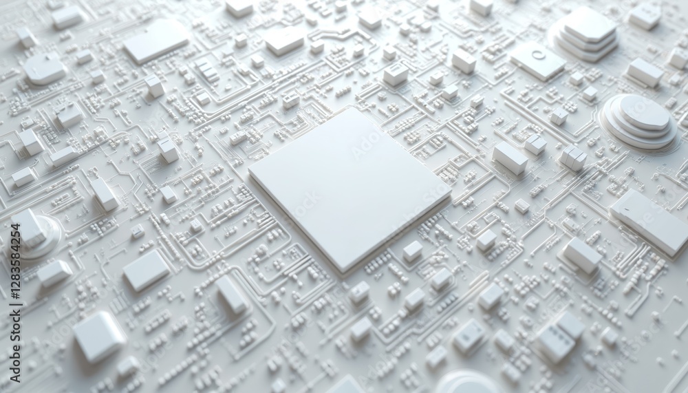 Aufkleber Abstract white circuit board with copy space for tech background. Electronic grey nodes pattern on PCB. Futuristic tech, big data, AI, grid, smart design and growth concepts.