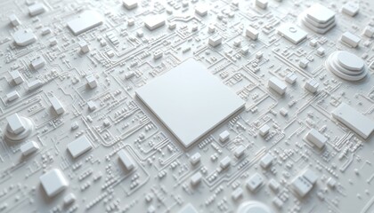 Abstract white circuit board with copy space for tech background. Electronic grey nodes pattern on PCB. Futuristic tech, big data, AI, grid, smart design and growth concepts.