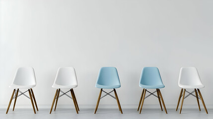 Five Modern Chairs Arranged In A Row Against A Plain White Wall with Wooden Legs