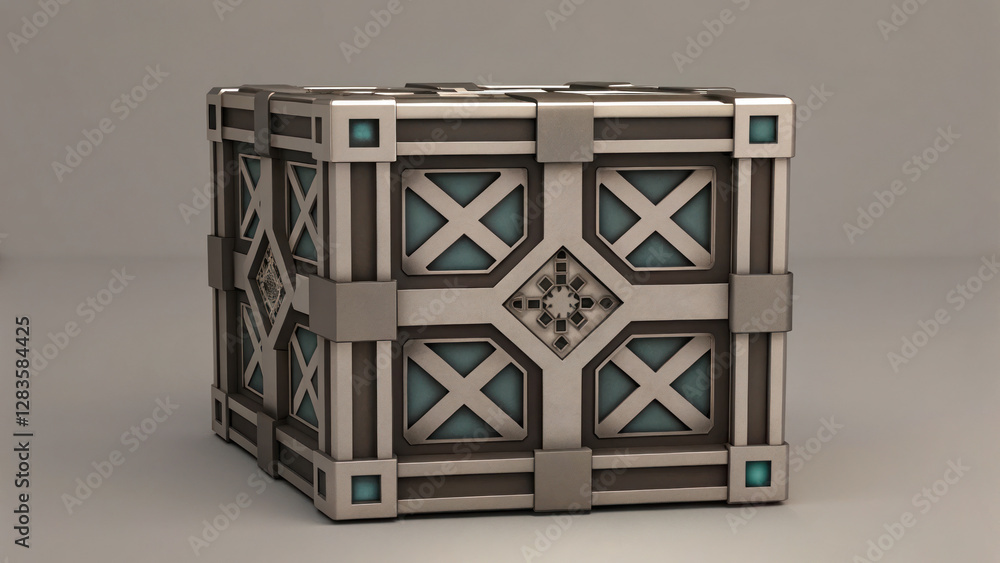 Poster 3d puzzle box with glowing edges, showcasing intricate designs and metallic textures