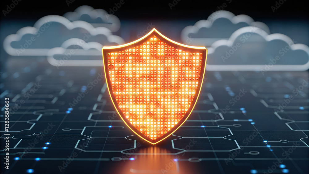 Poster digital shield symbolizing security and protection in networked environment