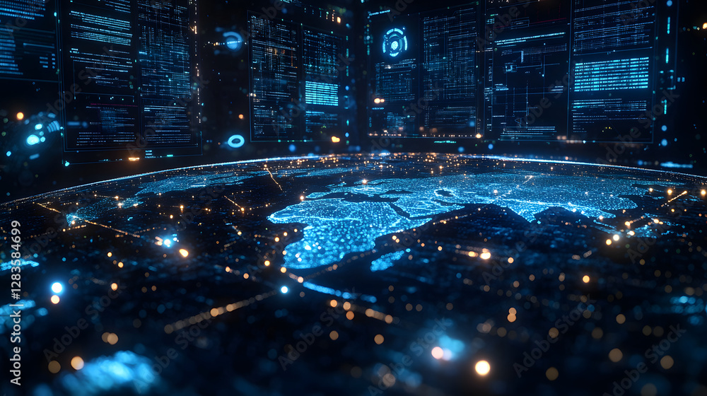Poster global network: a mesmerizing visual of a digital global network, showcasing interconnected data str