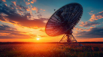 Celestial Whispers: A colossal satellite dish stands majestically against a vibrant sunset, capturing the awe-inspiring beauty of space exploration and technological advancement. 