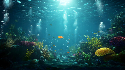 Naklejka premium Pixelated Underwater Scene with Coral Reefs and Diverse Aquatic Life