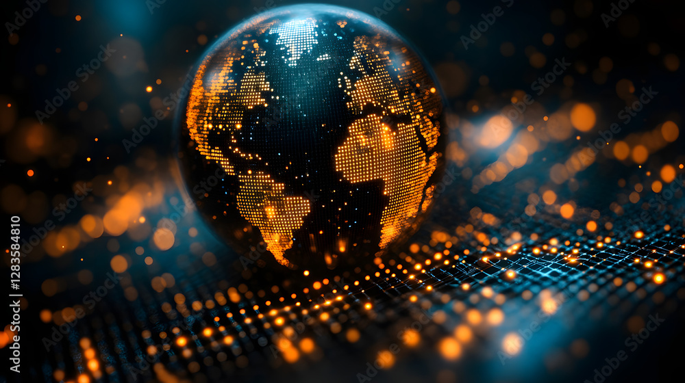 Poster global network: a mesmerizing digital representation of the earth, enshrouded in an intricate networ