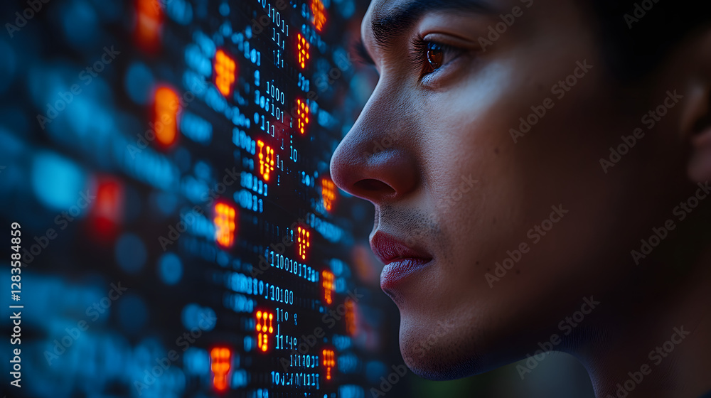 Poster data explorer: a focused individual gazes thoughtfully at a vibrant, dynamic data stream. the image 
