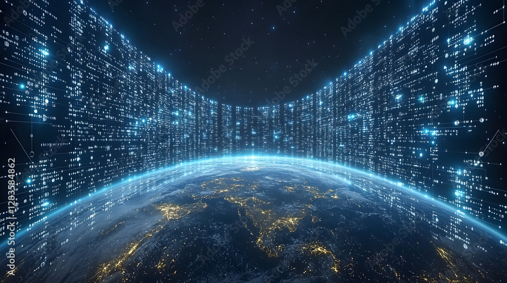 Poster global network: an abstract, conceptual image portraying the earth enveloped by a digital network, t