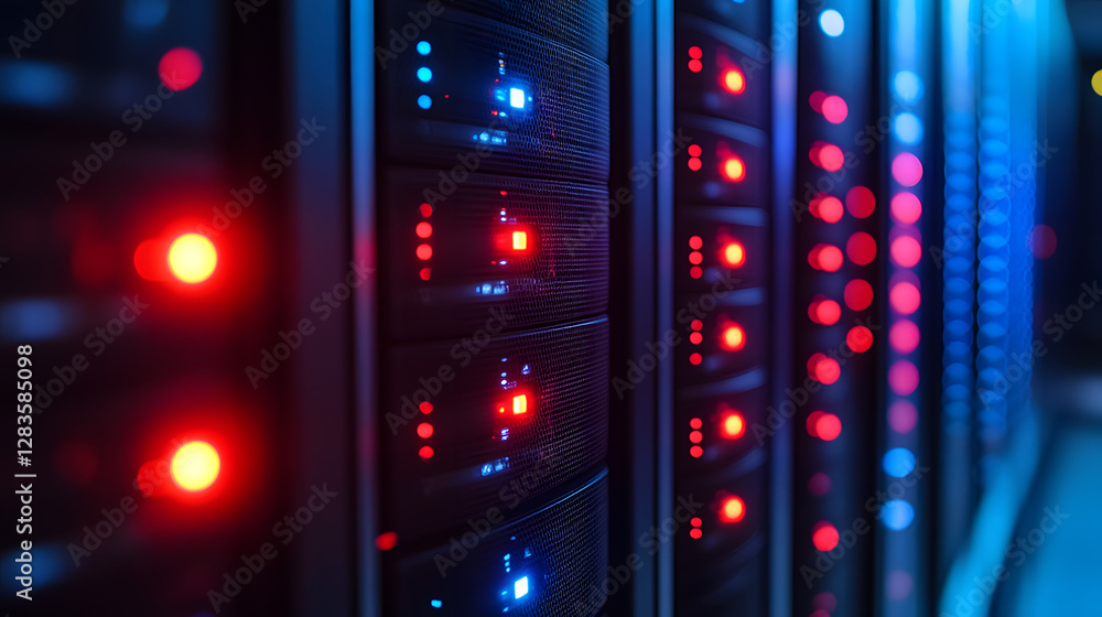 Poster server room serenity: a mesmerizing close-up of a high-tech server room, alive with the rhythmic bli