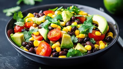 A Southwest-style bean salad with black beans, avocado, corn, and cherry tomatoes, drizzled with lime dressing, served in a deep bowl.