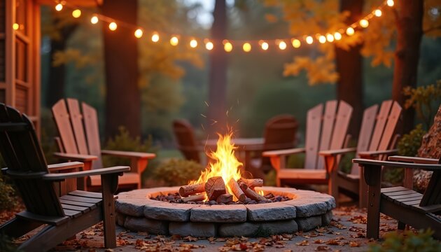 Cozy autumn patio with fire pit surrounded by wooden chairs, string lights. Flame burns on backyard. Balefire creating warmth, glow, peaceful serene atmosphere in garden. Evening gathering, comfort,