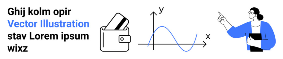 Wallet with cards, line graph with axes, person pointing at the chart, placeholder text. Ideal for finance, data analysis, budgeting, business strategy, economics presentations educational