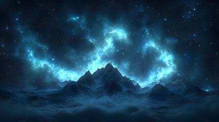Fototapeta premium Cosmic Mountainscape: Majestic mountains, shrouded in ethereal mist, rise beneath a breathtaking celestial display of swirling nebulae and radiant starlight.