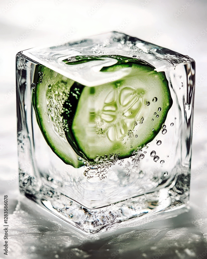 Poster Chilled Cucumber Slice Captured in Ice Cube Radiating Refreshing Vibes and Minimalist Beauty