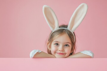 Cute girl wearing bunny ears peeking over the edge of an empty table with a pink background, Easter theme, simple composition, portrait photography, high-resolution photography,