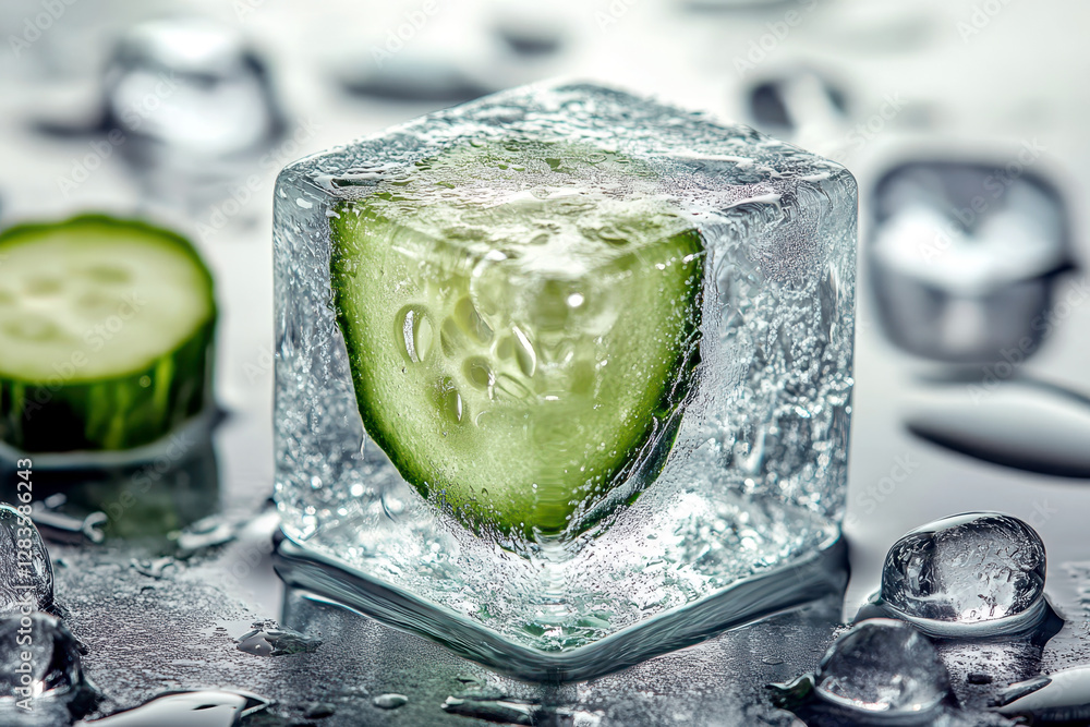 Poster refreshing cucumber slice encased in ice evokes a cool, minimalist atmosphere perfect for summer