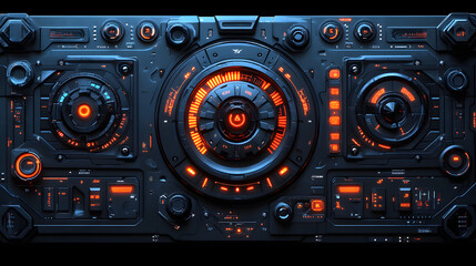 Fototapeta premium Cyberpunk Control Panel: A detailed close-up of a futuristic control panel with glowing orange and blue lights. The panel features an array of buttons, dials, and screens.