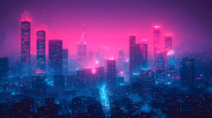 Fototapeta premium Neon Cityscape: A mesmerizing neon-lit cityscape at night, with towering skyscrapers piercing the vibrant pink and blue sky. The futuristic glow highlights the urban landscape.