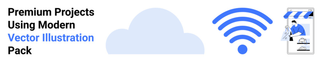 Cloud icon, wireless signal, and user app interface highlight digital solutions, remote access, and online tools. Ideal for technology, connectivity, cloud storage, apps remote work wireless