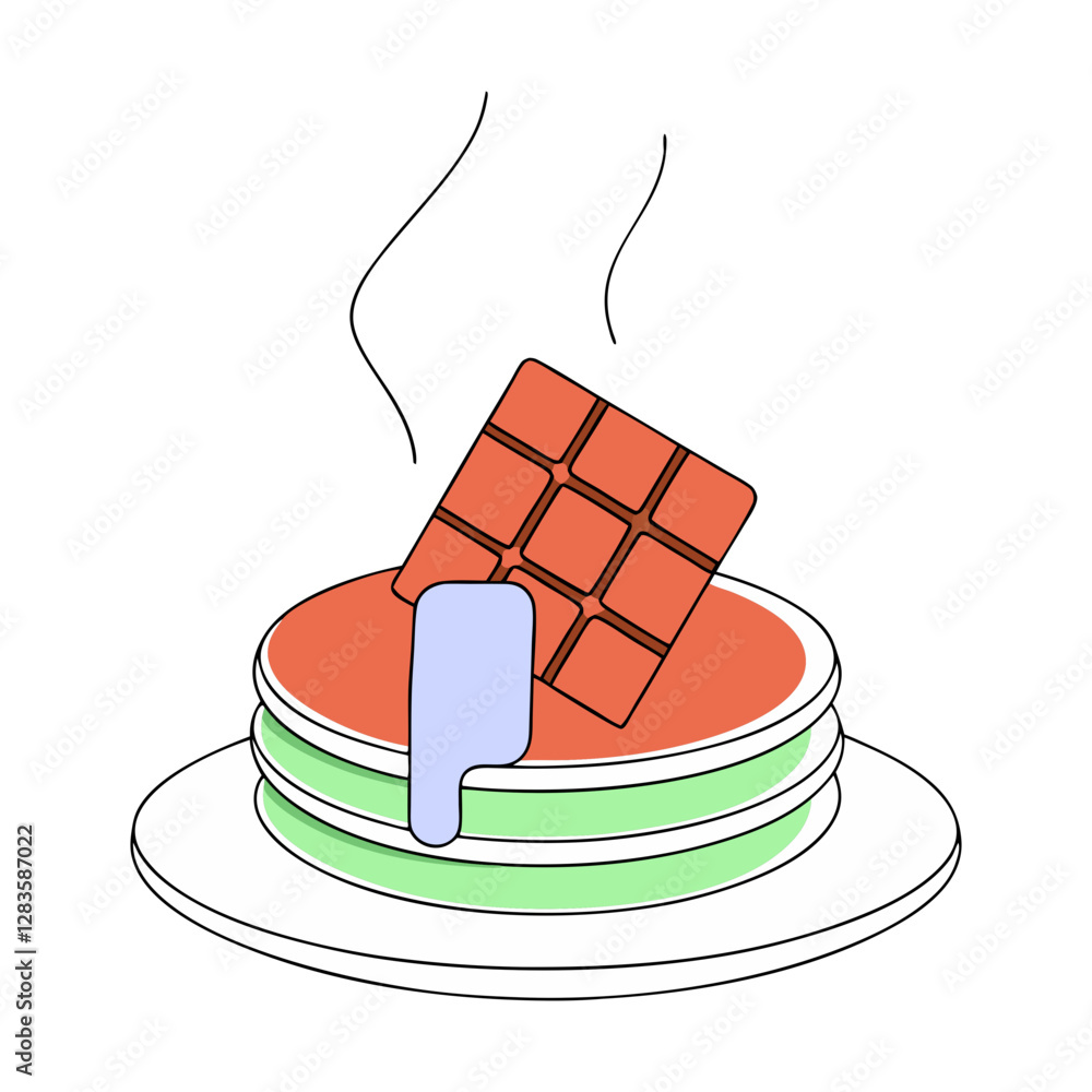 Poster a stack of colorful pancakes topped with a chocolate bar and melting butter, presented in a minimali