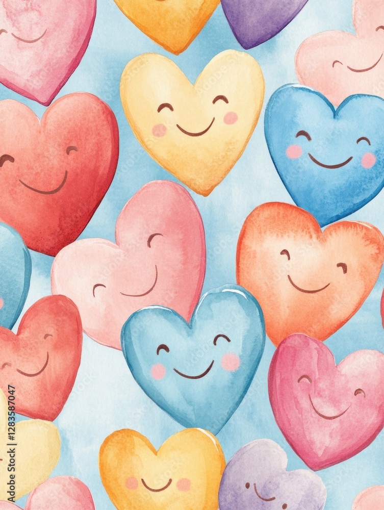 Aufkleber colorful watercolor hearts with cheerful expressions creating a joyful background pattern perfect fo