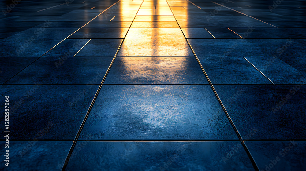 Poster reflective path: a high-angle perspective showcases a meticulously tiled floor, its polished surface