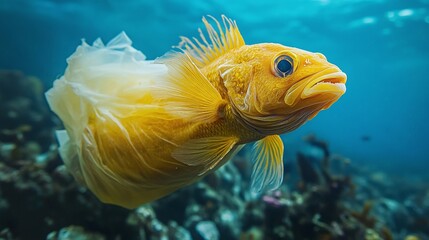fish in a river in a plastic bag, environmental pollution, excessive use of plastics