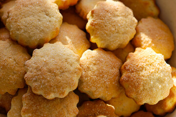 The image shows cookies lying in large numbers on a surface, shot from above. The cookies are golden brown, round in shape with uneven edges, some pieces look more toasted.