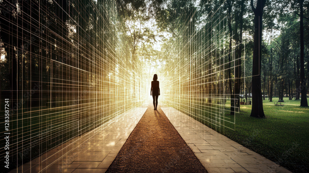 Aufkleber Stepping Into the Unknown as Reality Transforms Into a Luminous Digital Realm