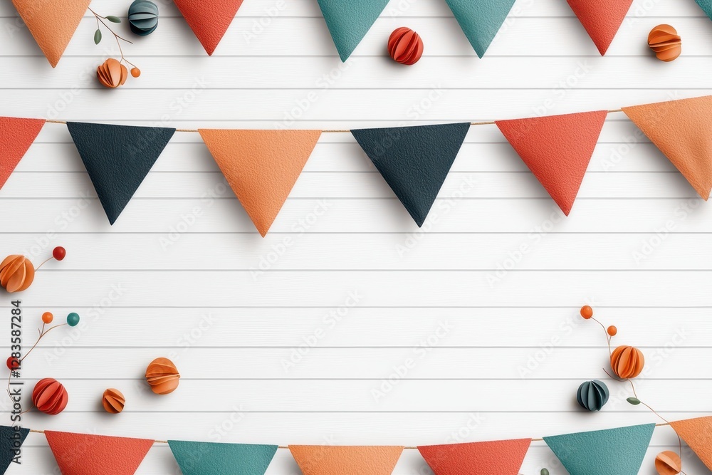 Poster colorful bunting flags and decorative items arranged on a white background, creating a festive and c