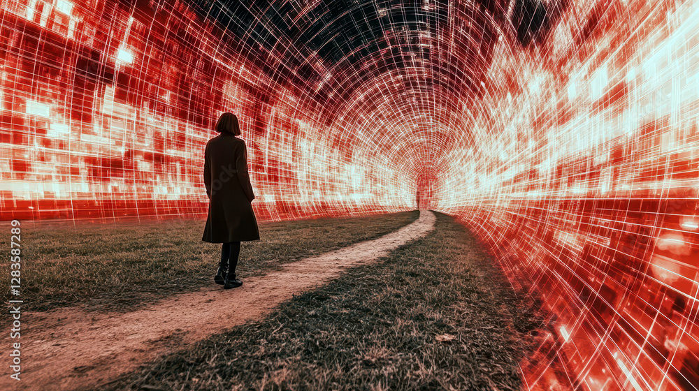 Poster Lone Figure Embarks on a Journey Where the Path Merges With a Digital Landscape
