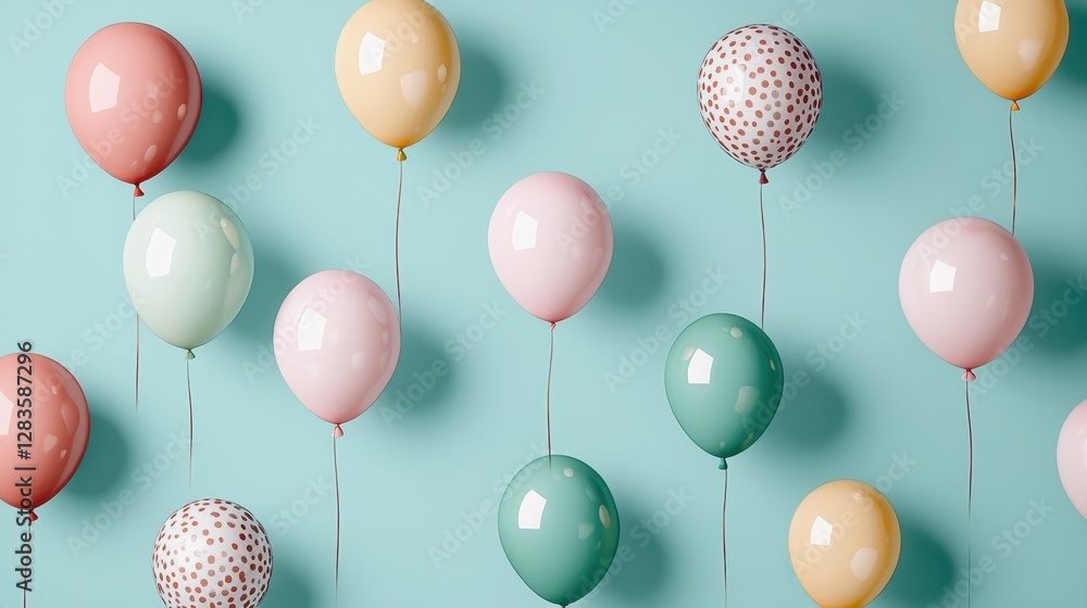 Poster colorful balloons in various shades and patterns float against a light blue background, creating a f