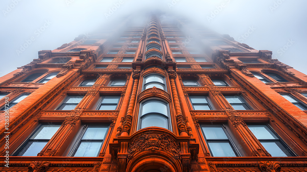 Poster skyscraper in fog: a captivating upward perspective of a tall, red-brick skyscraper shrouded in a my