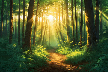 Fototapeta premium Misty woodland with Forest Green foliage, golden sunlight beams, magical atmosphere in anime style