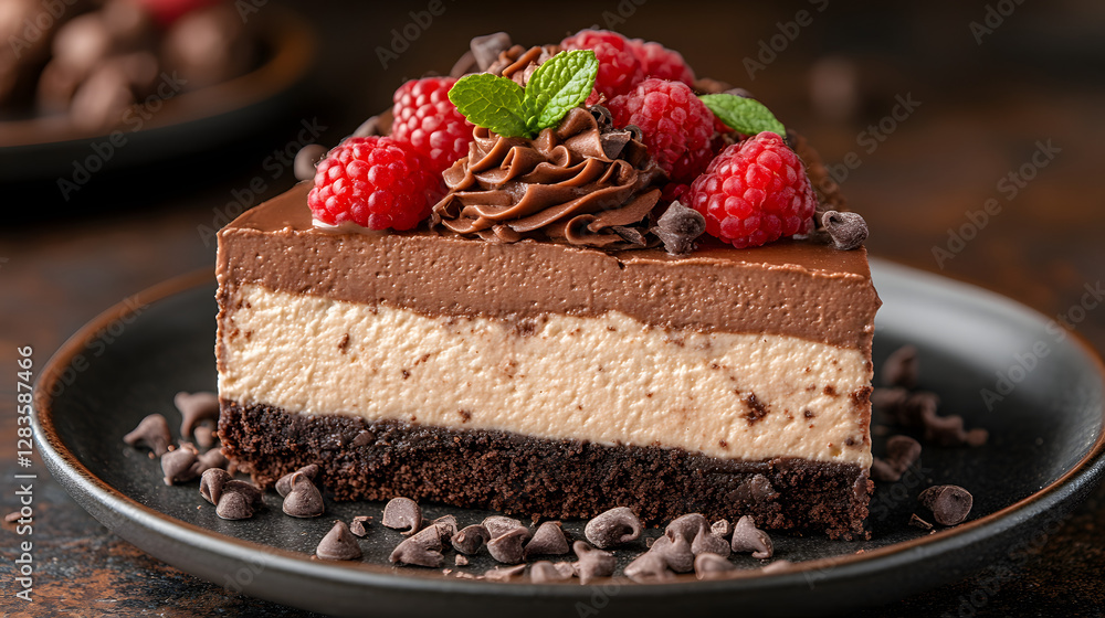 Poster chocolate raspberry delight: a decadent slice of chocolate raspberry cake, meticulously crafted with