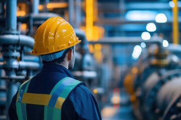 Worker in safety gear observes industrial equipment in a processing plant during evening hours of a busy day. Generative AI