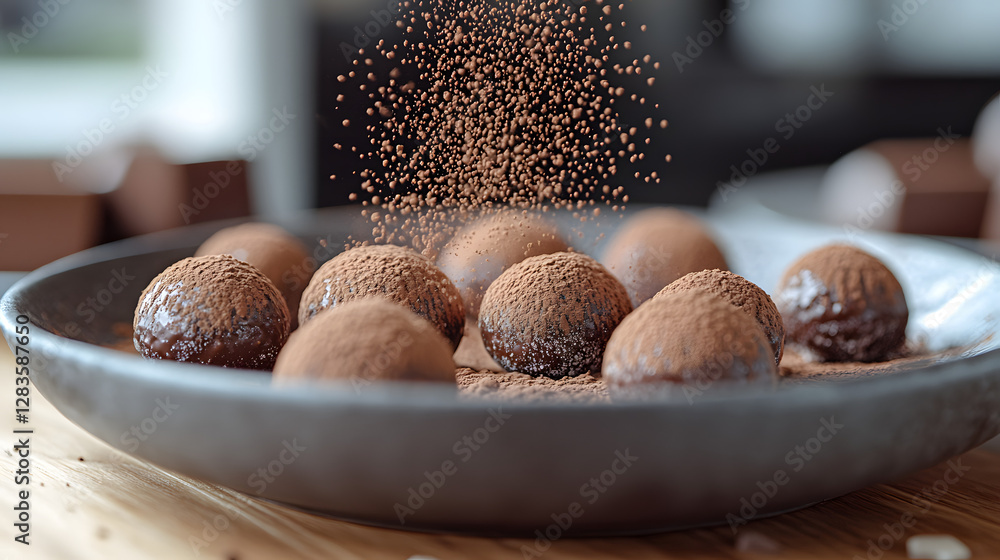 Poster chocolate truffles dusted: a close-up showcases a decadent array of chocolate truffles being elegant