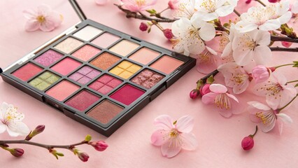 Close-up of a pink-toned eyeshadow palette showcased with fresh cherry blossoms. This image evokes a sense of springtime freshness and feminine charm, perfect for beauty and lifestyle content