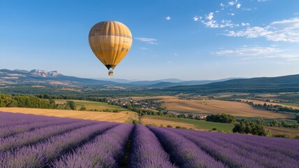 Obraz premium Hot Air Balloon Soaring Over Lavender Fields Under a Summer Sky