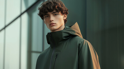 Stylish man wearing an orange and green technical fabric windbreaker with a hood, blending vibrant colors in a sustainable fashion piece. The jacket features a matte grey jersey top