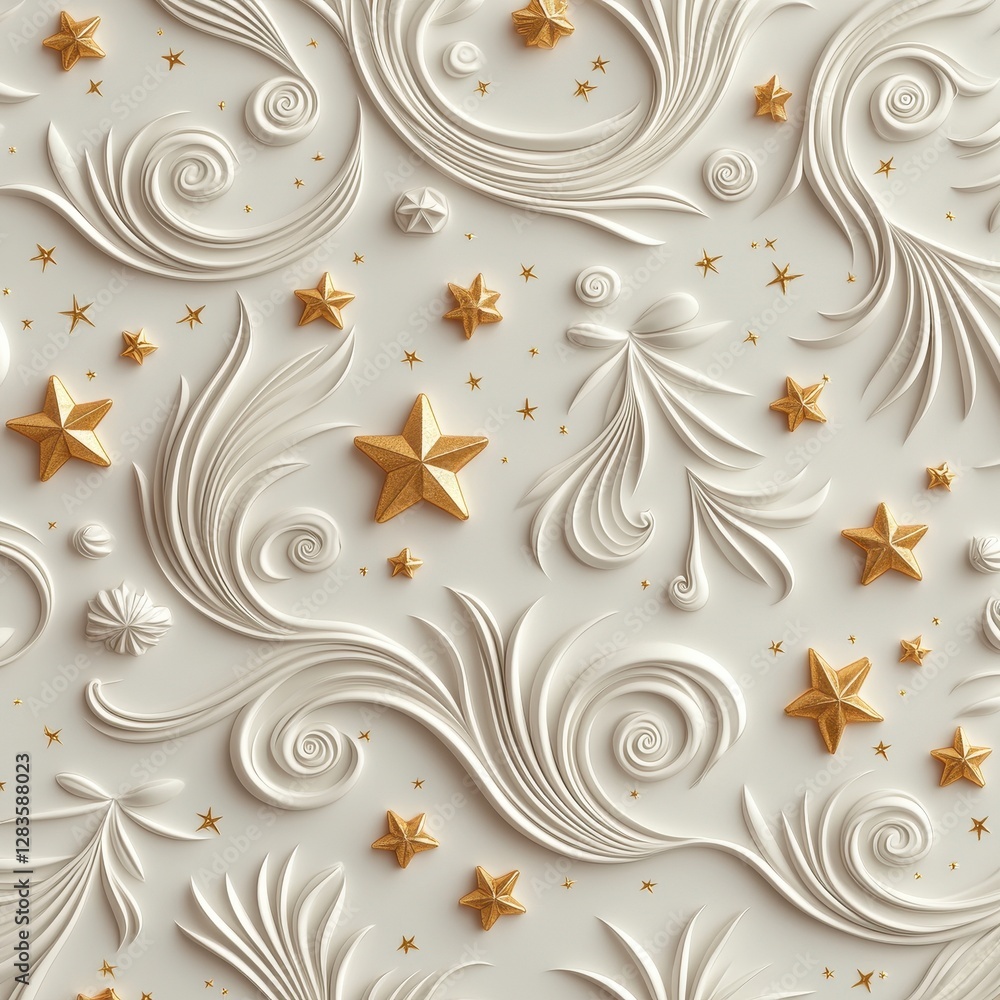 Poster elegant embossed design featuring swirling patterns and golden stars on a light background, creating