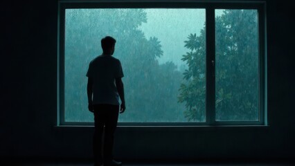 A lonely silhouette of a person standing by a rain-streaked window, melancholic mood,isolation, loneliness, alone	
