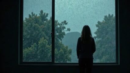 A lonely silhouette of a person standing by a rain-streaked window, melancholic mood,isolation, loneliness, alone	

