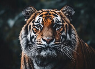Fototapeta premium Close-up of the face and head of an African lion, with its eyes looking at the viewer, high-resolution photography, copy space on one side, 